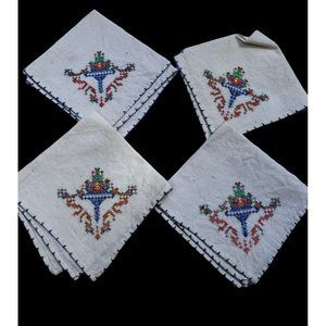 Estate Set Of 4 Vintage Cross-Stitch Dinner Napkins Embroidered 10x10” Tea Party